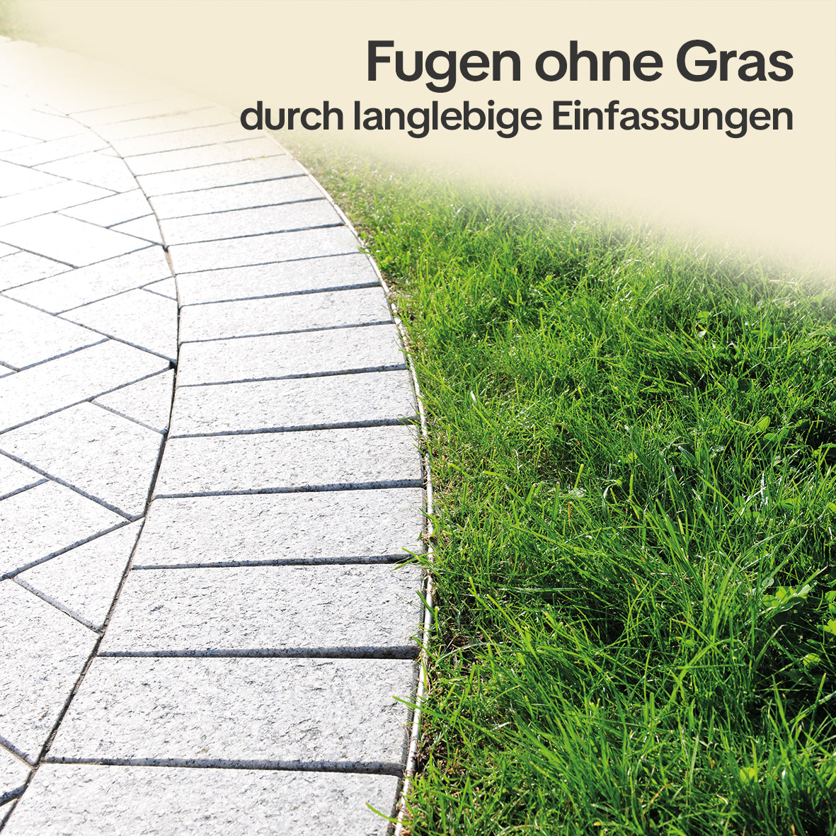 Flexible Rasenkante trennt die gepflasterte Terrasse sauber ab und hält die Fugen frei von Gras