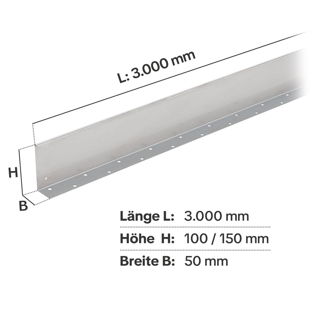 Maße der geraden Beeteinfassung aus Aluminium: Standardlänge 3 Meter, Höhe 100-150 mm, Breite 50 mm