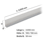 Maße der geraden Beeteinfassung aus Aluminium: Standardlänge 3 Meter, Höhe 100-150 mm, Breite 50 mm