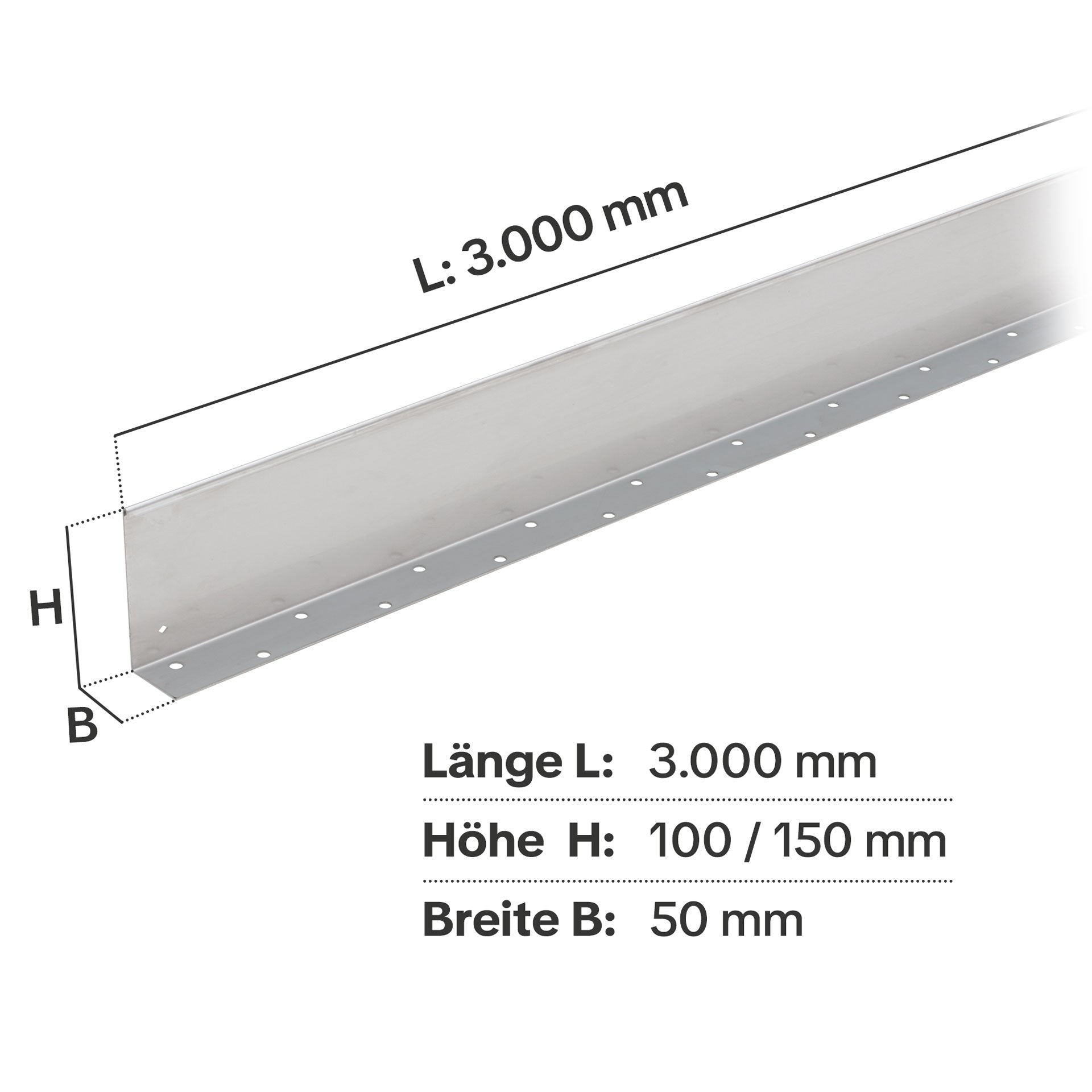 Maße der geraden Beeteinfassung aus Aluminium: Standardlänge 3 Meter, Höhe 100-150 mm, Breite 50 mm