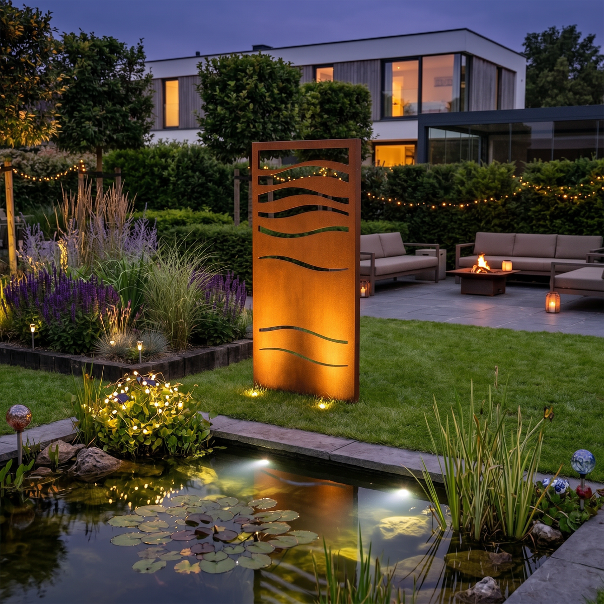 Moderner Garten am Abend mit einem Cortenpanel als Sichtschutzzaunelement mit Wellenmuster