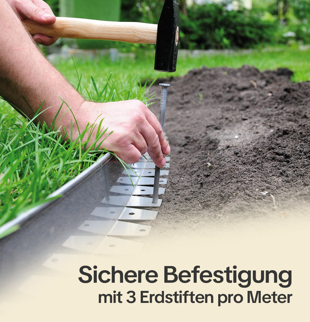 Sichere Befestigung der flexiblen Beeteinfassung mit Erdstiften