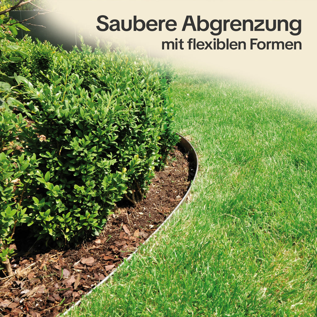 Flexible Beeteinfassung sorgt für saubere Abtrennung von runden Beeten zum Rasen