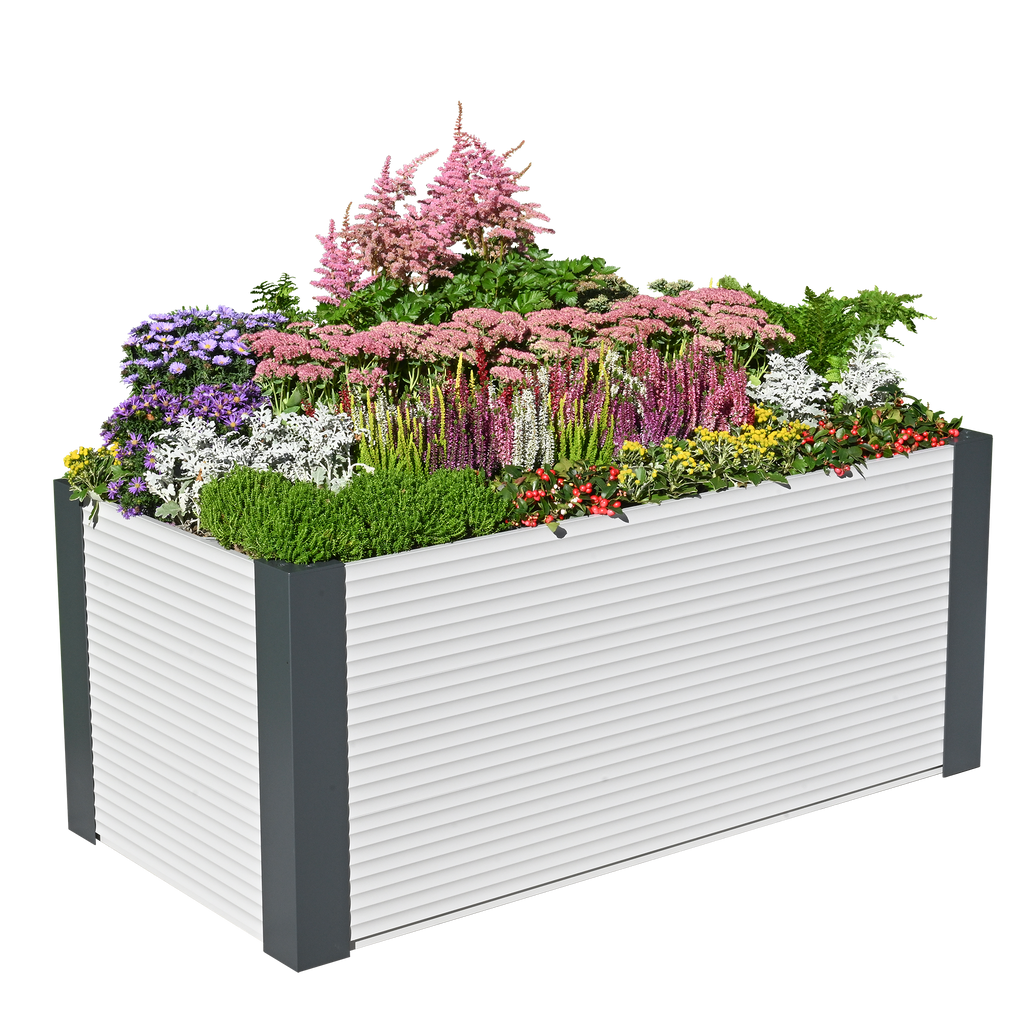 Hellgraues Aluminium Hochbeet Janus mit bunten Pflanzen
