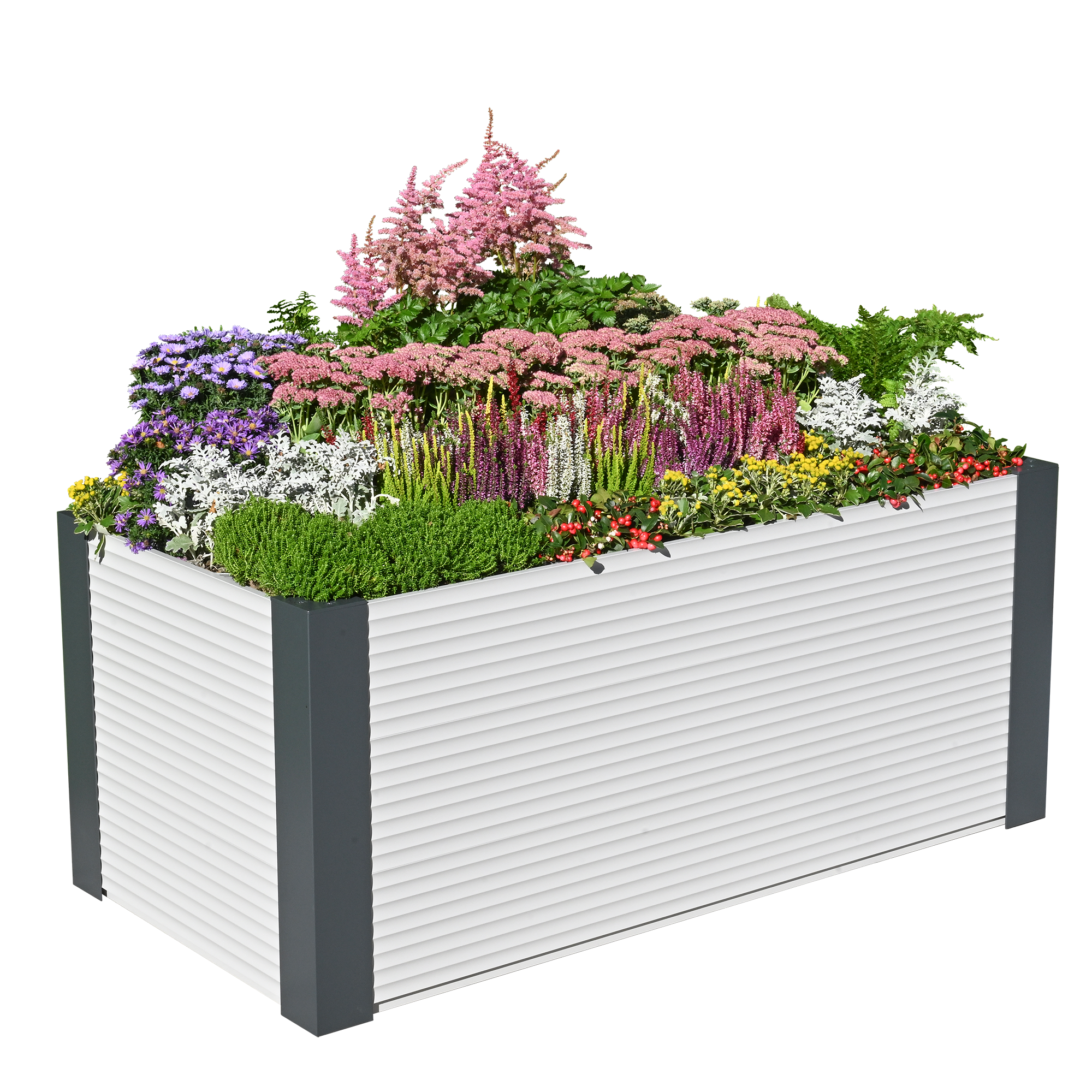Hellgraues Aluminium Hochbeet Janus mit bunten Pflanzen