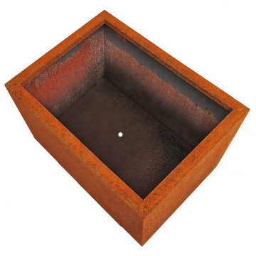 Blick in den rechteckigen nahtlos verschweißten Pflanzkasten Basio aus Corten 