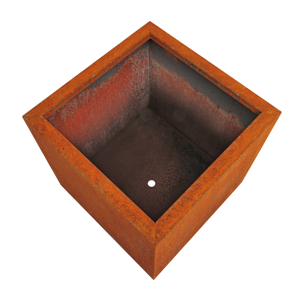 Quadratischer Pflanzkasten Basio aus Cortenstahl von innen mit Ablaufloch 