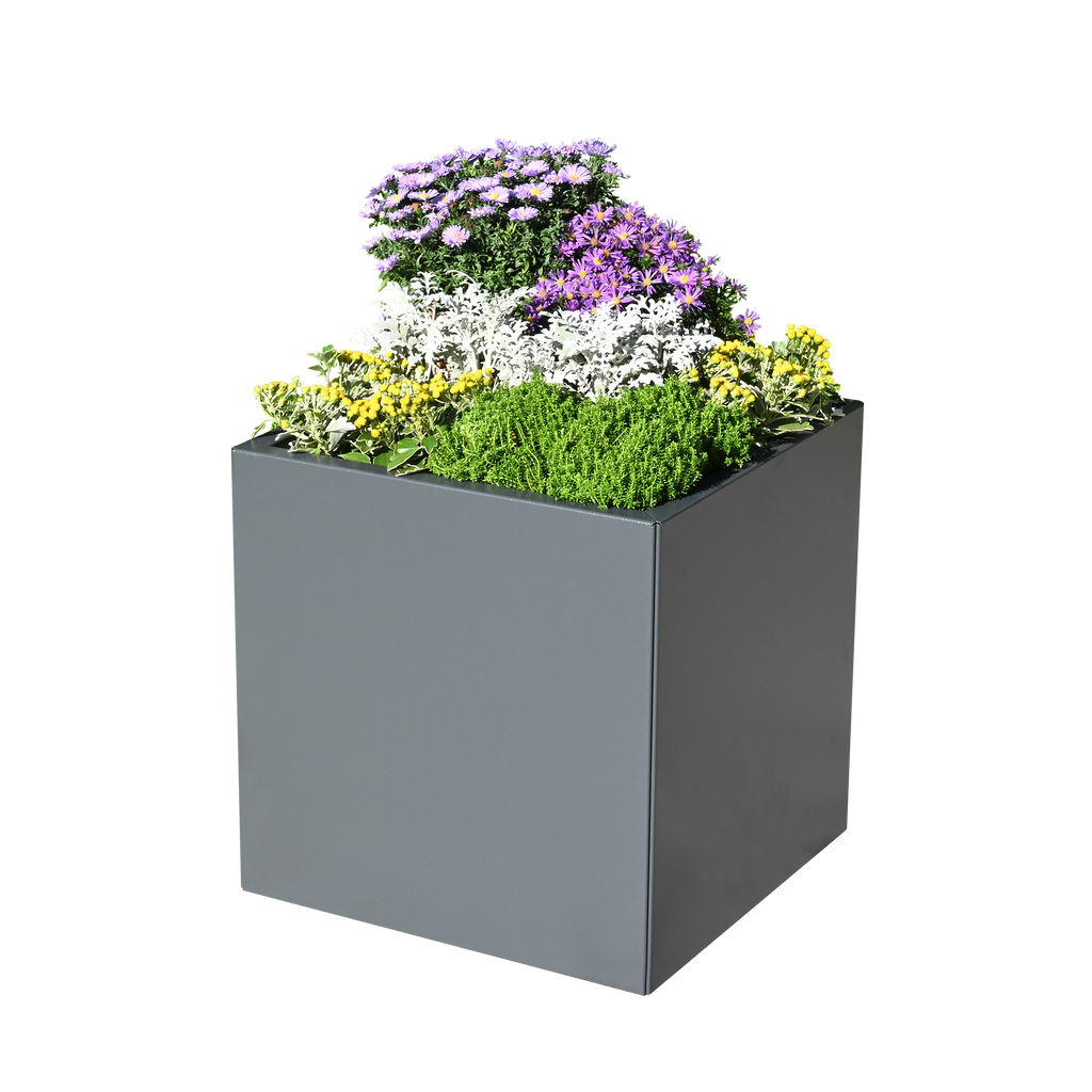 Doppelwandiger Pflanzkasten Duplex Max aus Aluminium mit grauer Lackierung im Garten mit bunten Blumen