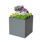 Doppelwandiger Pflanzkasten Duplex Max aus Aluminium mit grauer Lackierung im Garten mit bunten Blumen