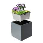 Der Pflanzkasten Duplex hat einen entnehmbaren Pflanzkübel der mit bunten Pflanzen bestückt wurde