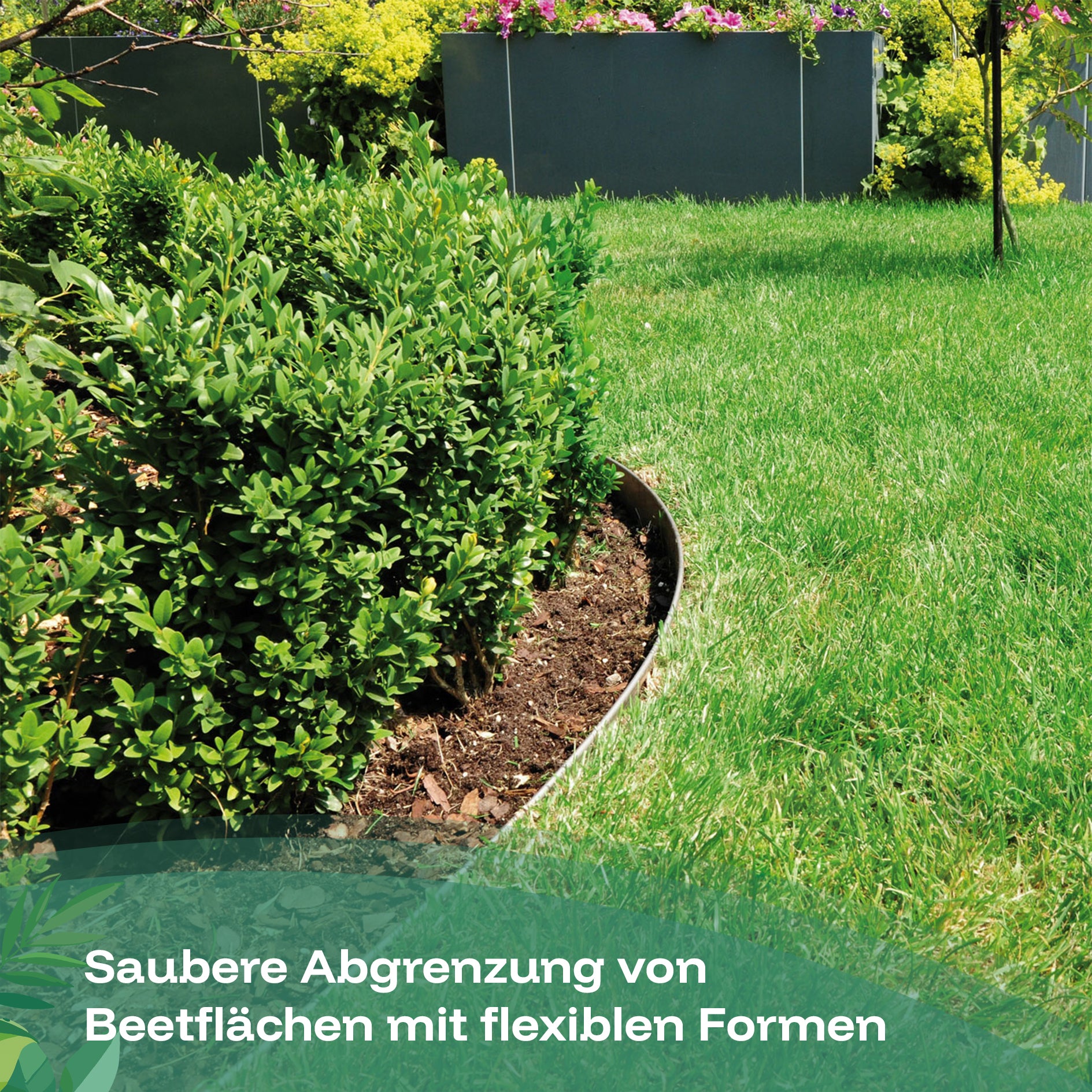 Die flexible Rasenkante aus Metall sorgt für saubere Abgrenzung von Beetflächen mit flexiblen Formen in Ihrem Garten.