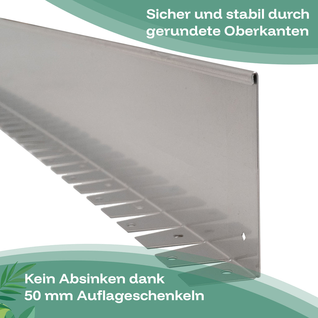 Die biegsame Rasenkante aus Metall ist sicher und stabil durch gerundete Oberkanten und das Absinken wird verhindert durch die 5 cm breiten Auflageschenkel.