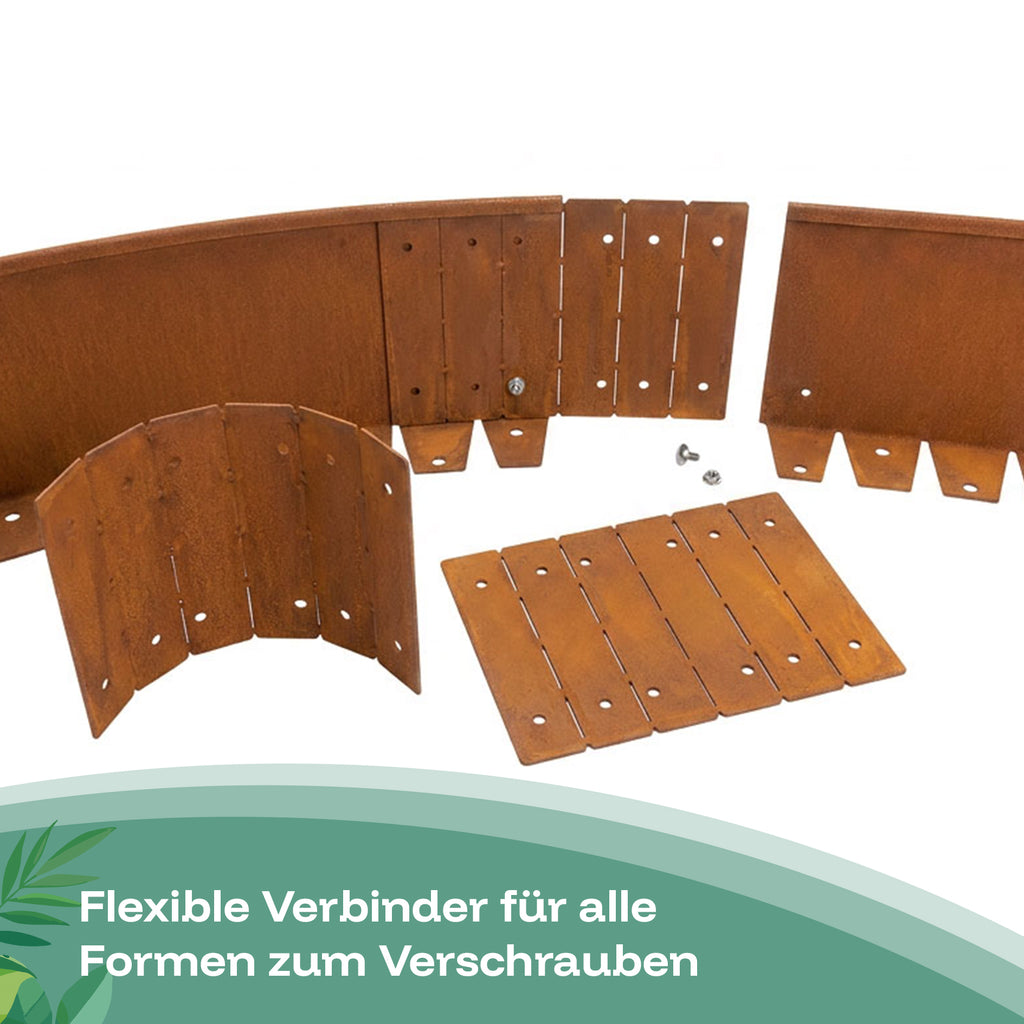 Die flexiblen Verbinder aus Cortenstahl lassen sich für alle Formen biegen und werden sicher verschraubt.