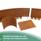 Die flexiblen Verbinder aus Cortenstahl lassen sich für alle Formen biegen und werden sicher verschraubt.