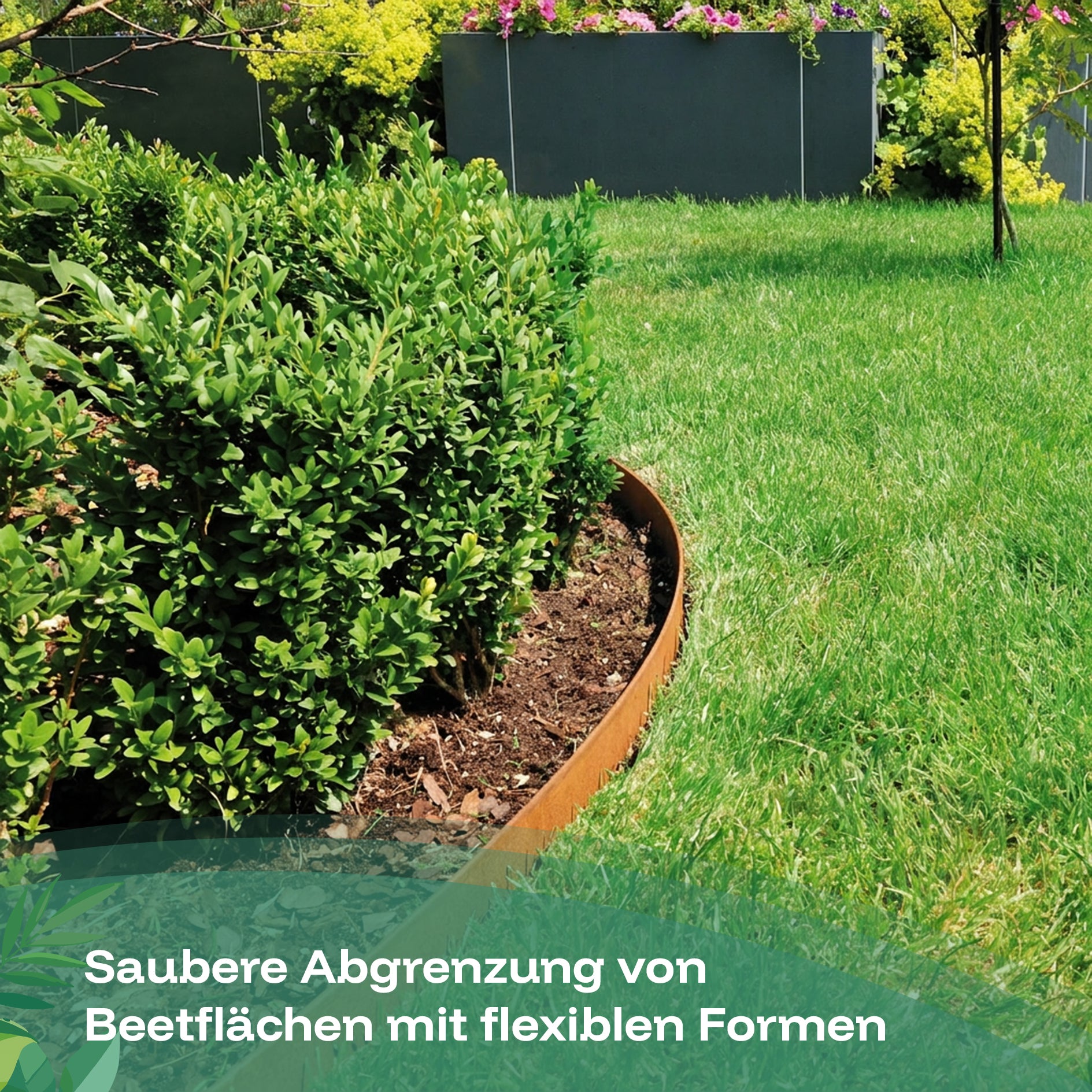 Die biegsame Rasenkante aus Cortenstahl mit Edelrost sorgt für saubere Abgrenzung von Beetflächen im Garten mit flexiblen Formen.