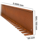 Die biegsame Rasenkante aus Cortenstahl ist 3 m lang, 10 bis 15 cm hoch und 5 cm breit.