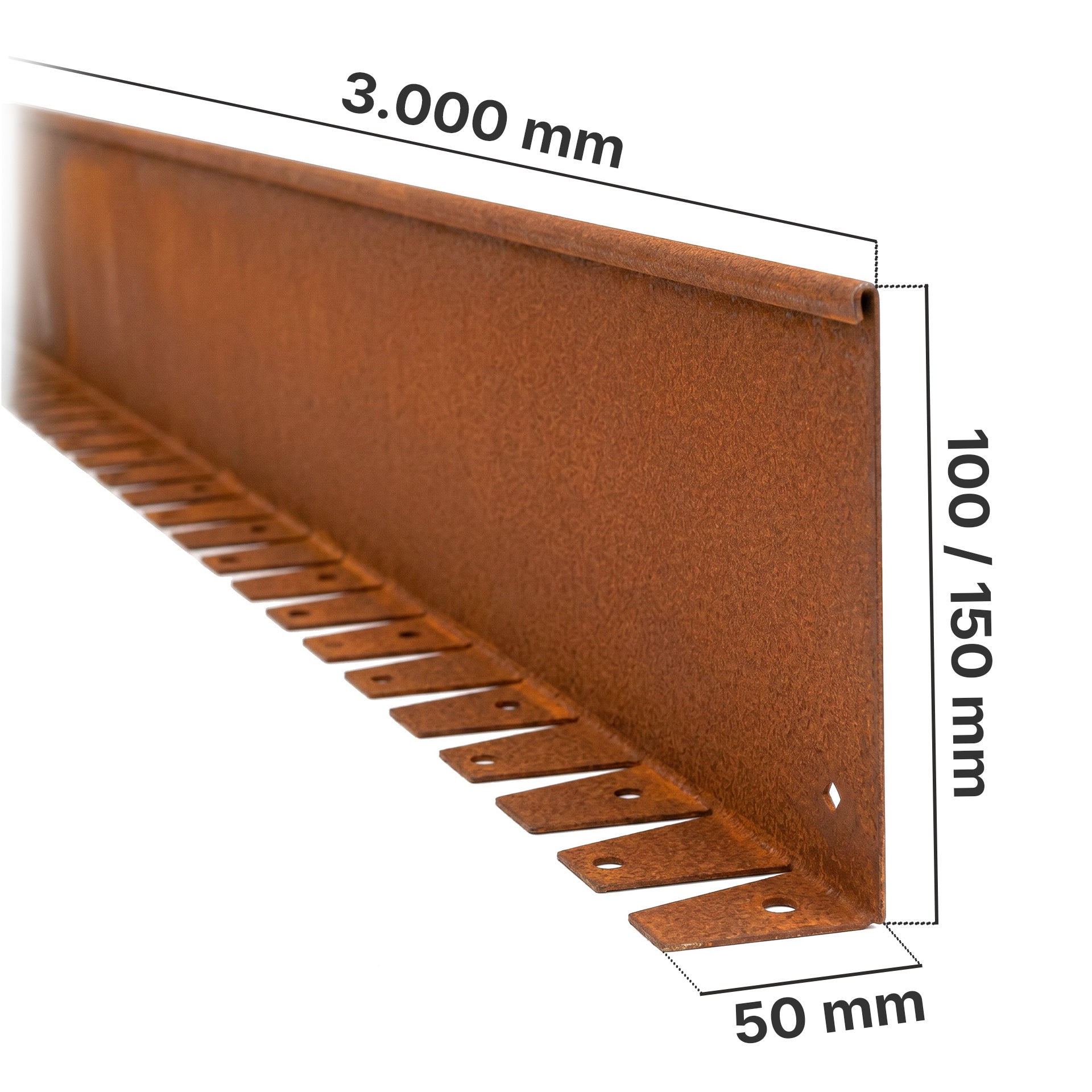 Die biegsame Rasenkante aus Cortenstahl ist 3 m lang, 10 bis 15 cm hoch und 5 cm breit.
