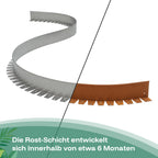 Vorher, nachher: Bild der Rostentwicklung bei dem Cortenstahl der flexiblen Rasenkante, die sich in etwa sechs Monaten entwickelt
