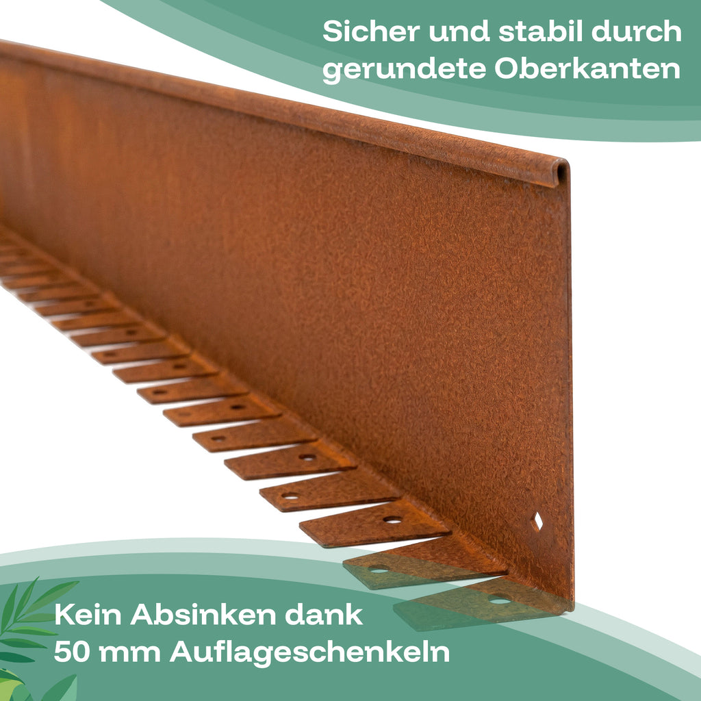 Die flexible Rasenkante aus Cortenstahl ist sicher und stabil durch gerundete Oberkanten und verhindert Absinken durch die breiten Auflageschenkel.