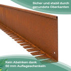 Die flexible Rasenkante aus Cortenstahl ist sicher und stabil durch gerundete Oberkanten und verhindert Absinken durch die breiten Auflageschenkel.
