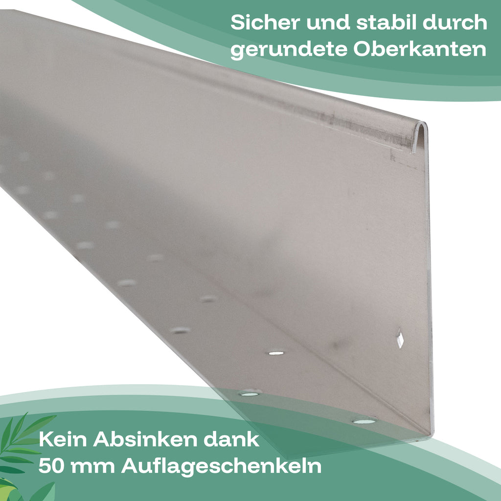 Die gerade Rasenkante aus Aluminium oder Edelstahl ist sicher und stabil durch gerundete Oberkanten und sinkt nicht ab dank 5 cm Auflageschenkeln.