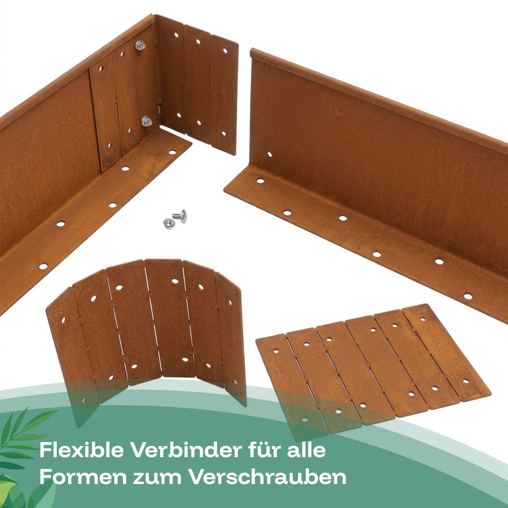 Die flexiblen Verbinder aus Cortenstahl werden verschraubt und lassen sich zu allen Formen biegen.