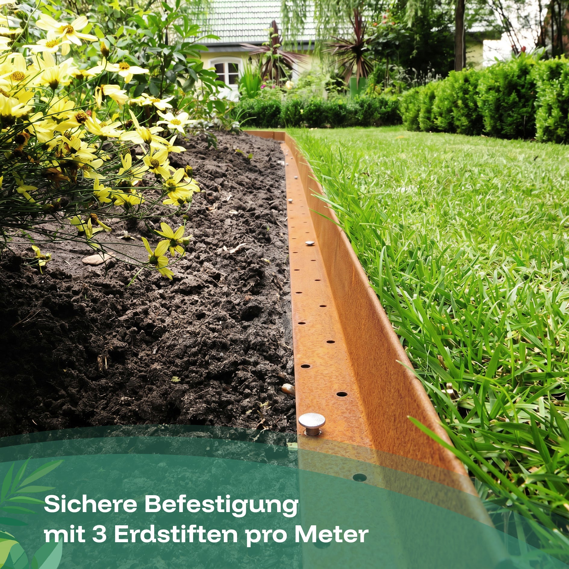 Die gerade Rasenkante aus Cortenstahl mit Edelrost wird sicher befestigt mit drei Erdstiften pro Meter im Gartenboden.