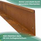 Die gerade Rasenkante aus Cortenstahl mit Edelrost ist sicher und stabil durch gerundete Oberkanten und sinkt nicht ab dank 5 cm Auflageschenkeln.