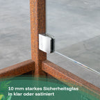Sichtschutzpflanzkasten aus Corten-Stahl mit 10 mm starkem Sicherheitsglas in klar oder satiniert