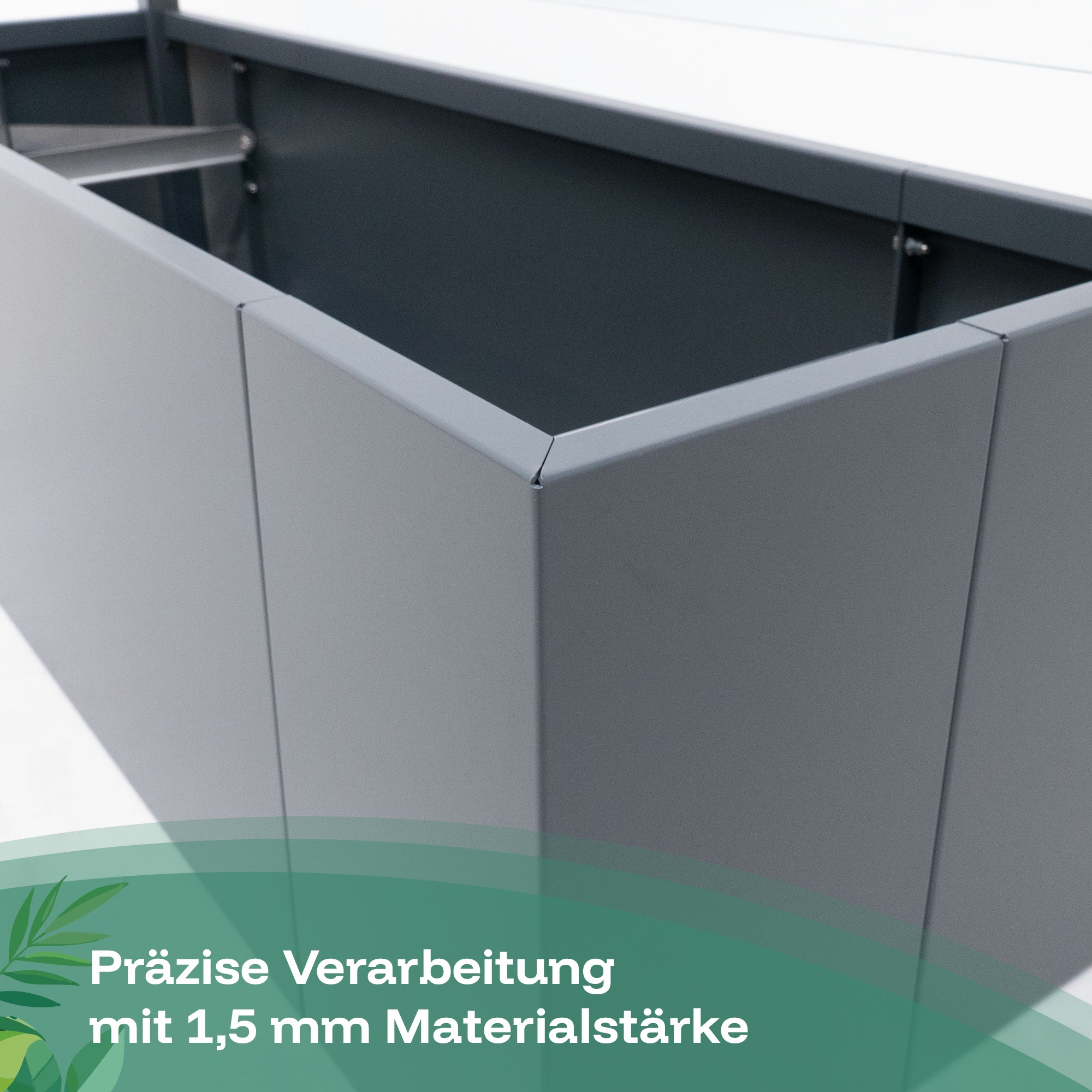 Der Pflanzkasten mit Glaswand wird präzise verarbeitet mit 1,5 mm Materialstärke aus Aluminium.