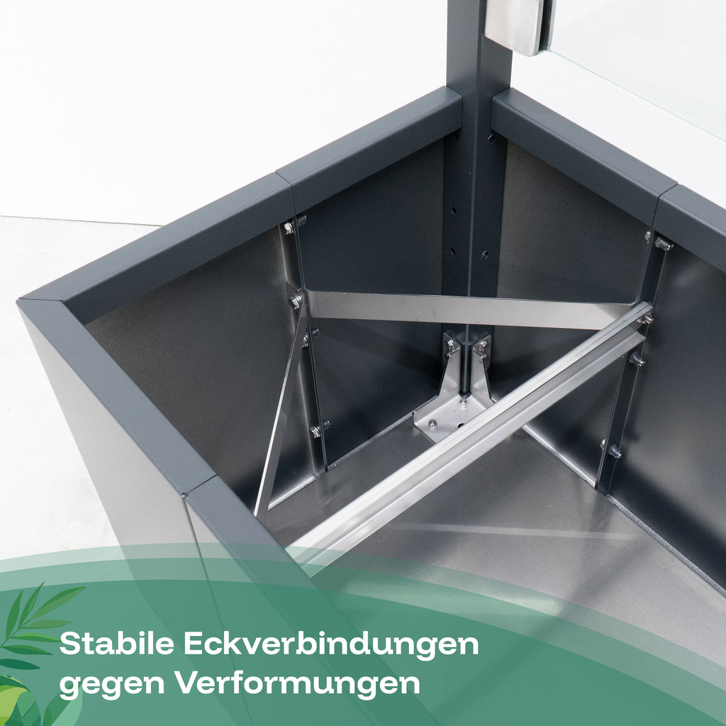Sichtschutz-Pflanzkasten aus Aluminium in Anthrazit mit stabilen Eckverbindungen gegen Verformungen