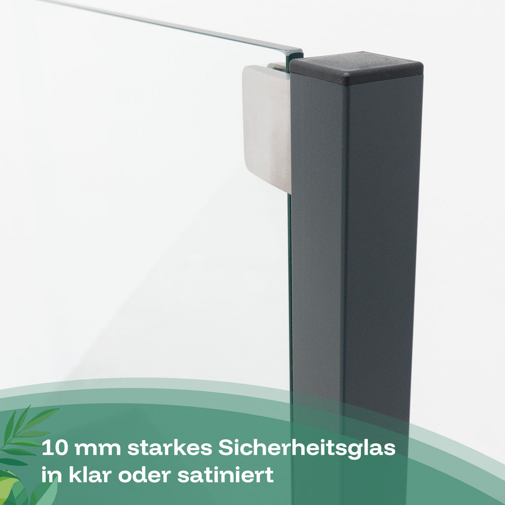 Die Glaswand besteht aus 10 mm starkem Sicherheitsglas, welches in Klar oder Satiniert erhältlich ist.