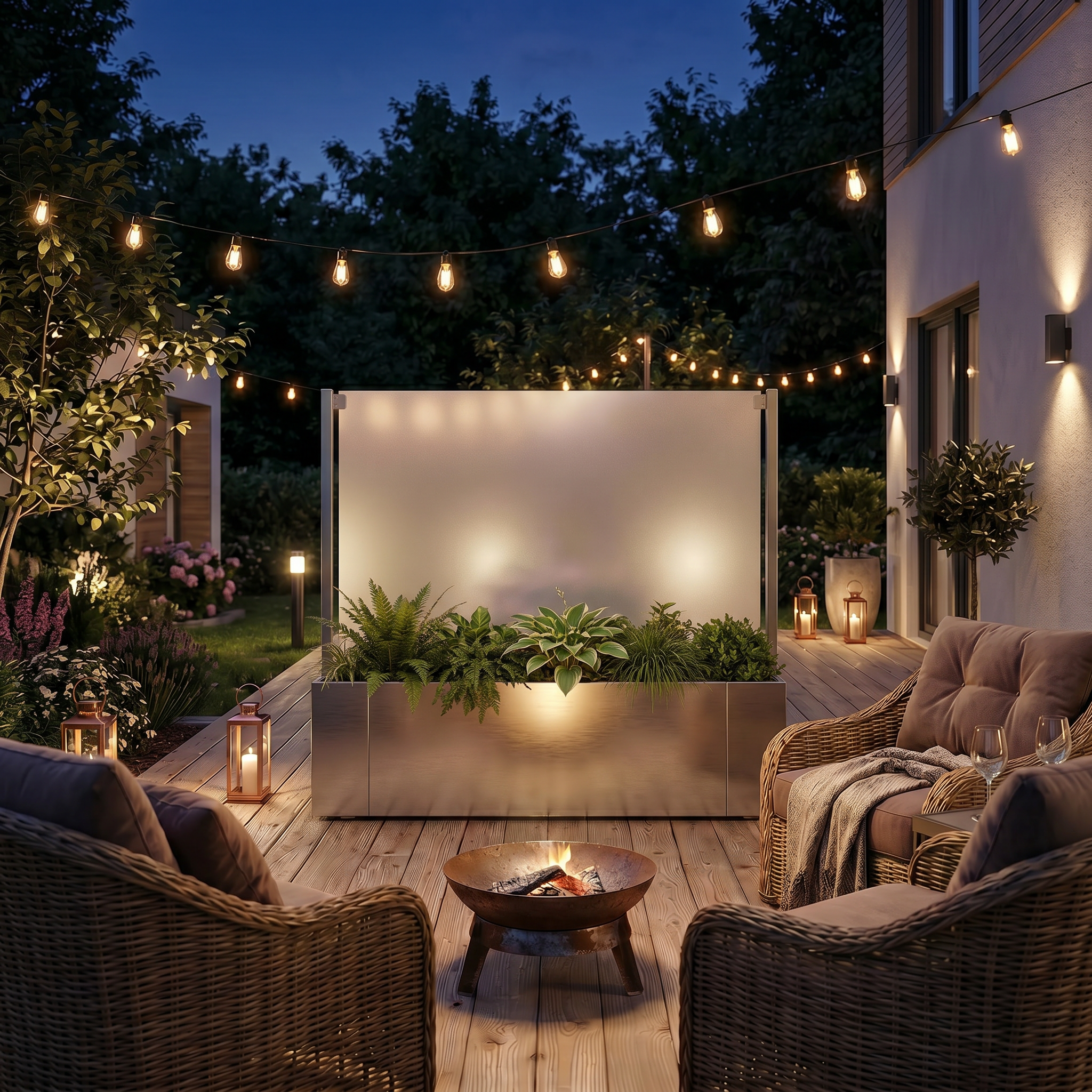 Begrünter Sichtschutz-Pflanzkasten aus Edelstahl für gemütliche Abende auf der Terrasse mit Privatsphäre