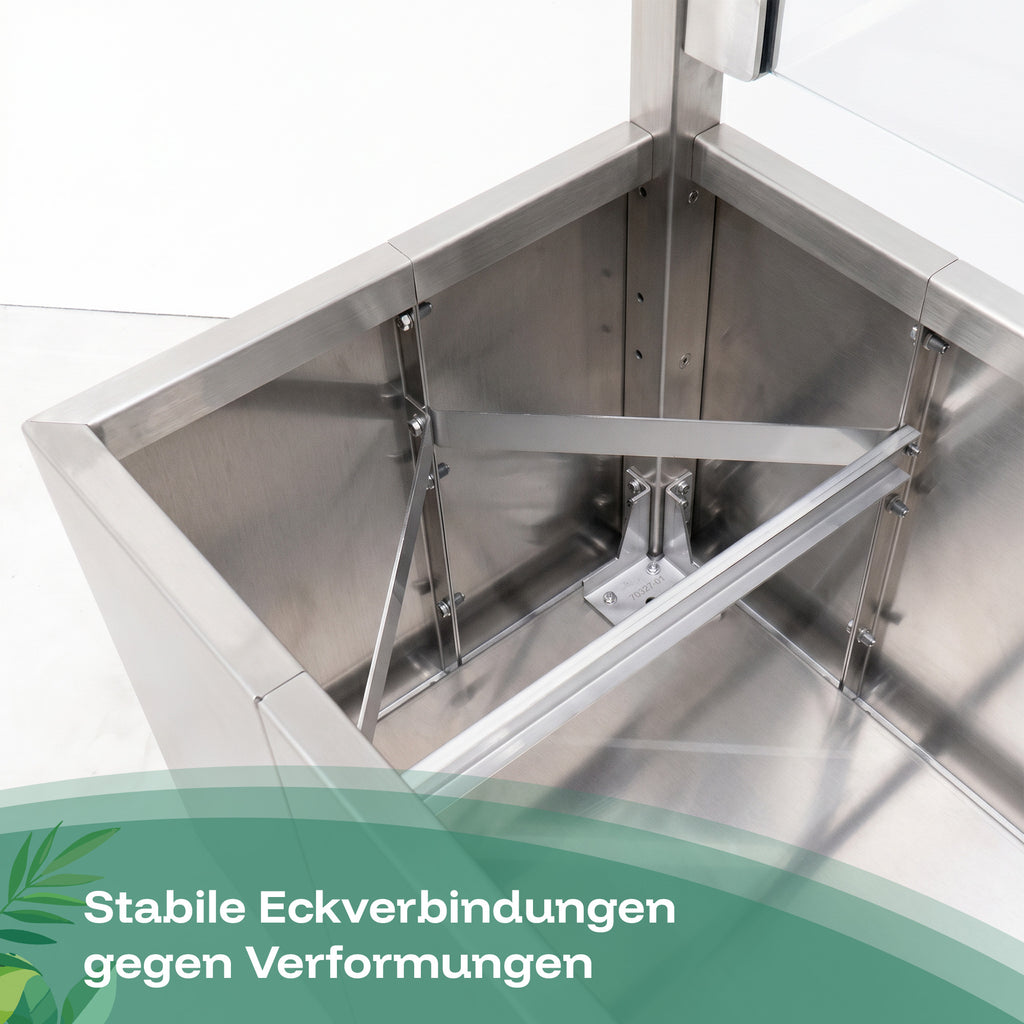 Der Sichtschutz-Pflanzkasten aus Edelstahl hat stabile Eckverbindungen gegen Verformungen.