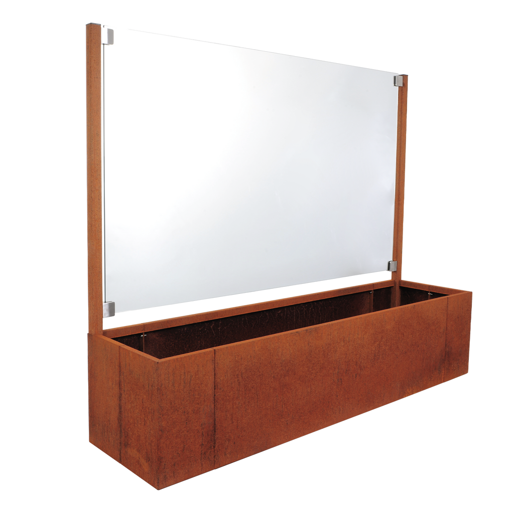 Bepflanzbarer Sichtschutz Modular Ventus aus Cortenstahl mit Milchglas aussen zum bepflanzen von einer Seite