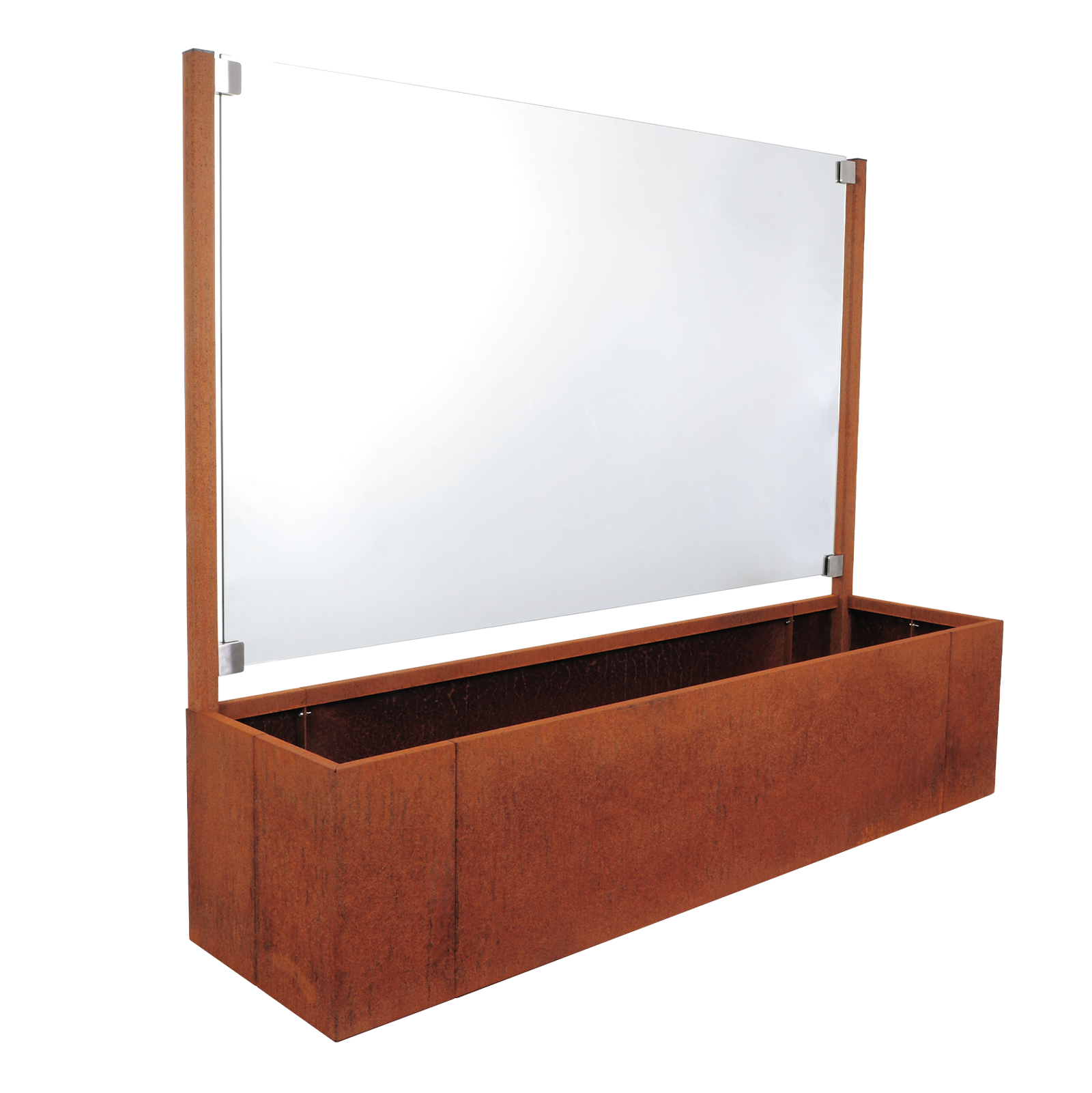 Bepflanzbarer Sichtschutz Modular Ventus aus Cortenstahl mit Milchglas aussen zum bepflanzen von einer Seite