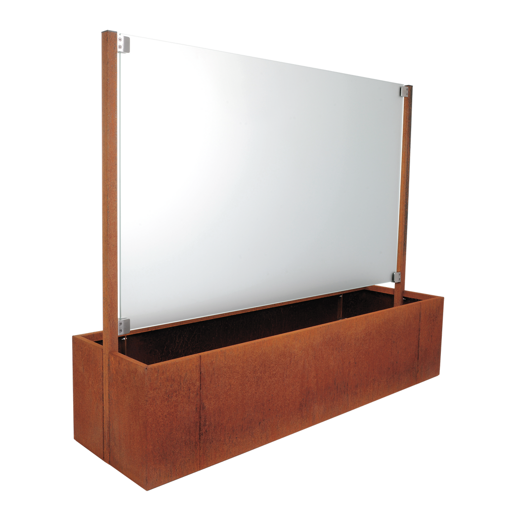 Pflanzkasten Modular Ventus aus Corten mit mittiger Glasscheibe als Sichtschutz und Windschutz zum bepflanzen von beiden Seiten