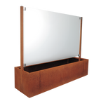 Pflanzkasten Modular Ventus aus Corten mit mittiger Glasscheibe als Sichtschutz und Windschutz zum bepflanzen von beiden Seiten