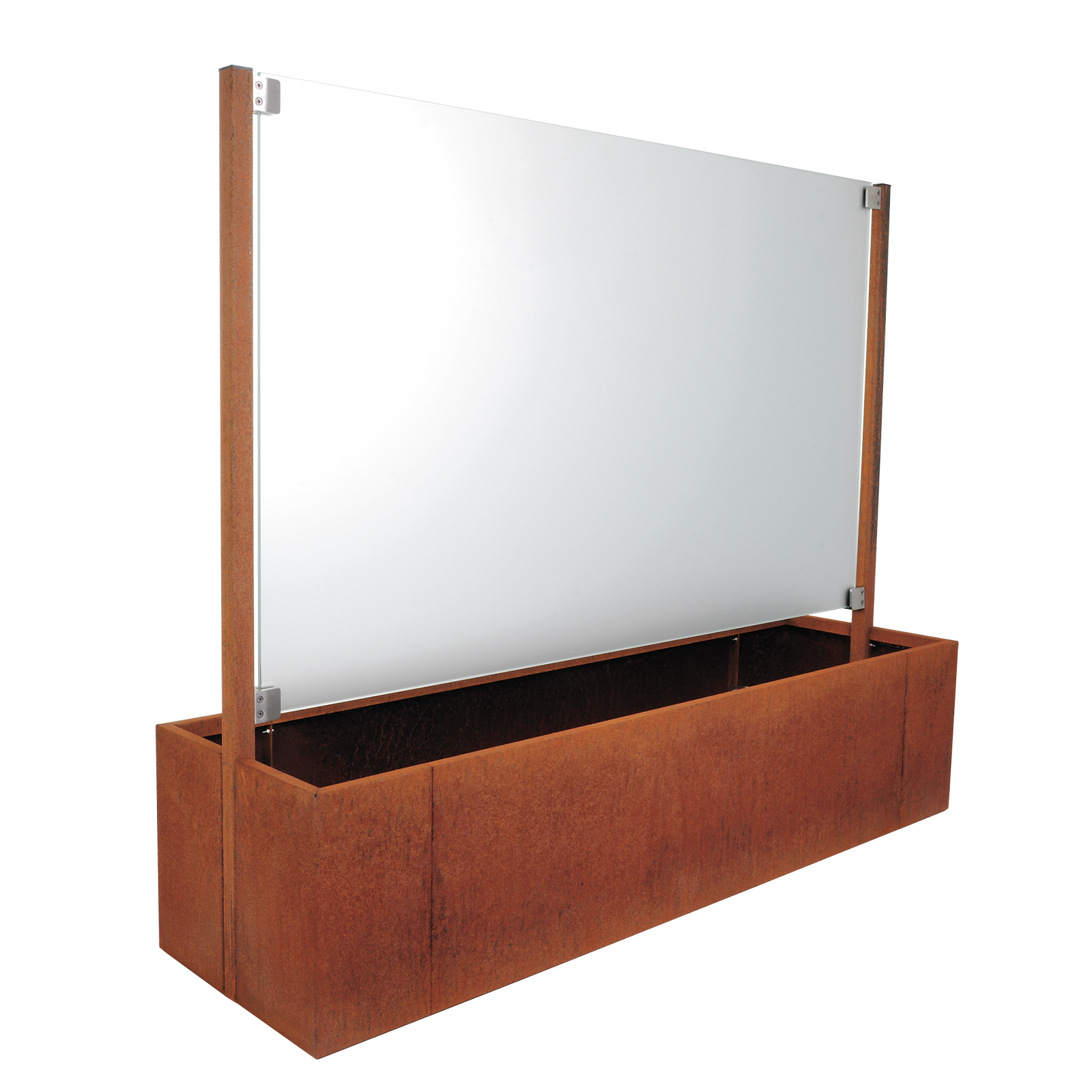 Pflanzkasten Modular Ventus aus Corten mit mittiger Glasscheibe als Sichtschutz und Windschutz zum bepflanzen von beiden Seiten