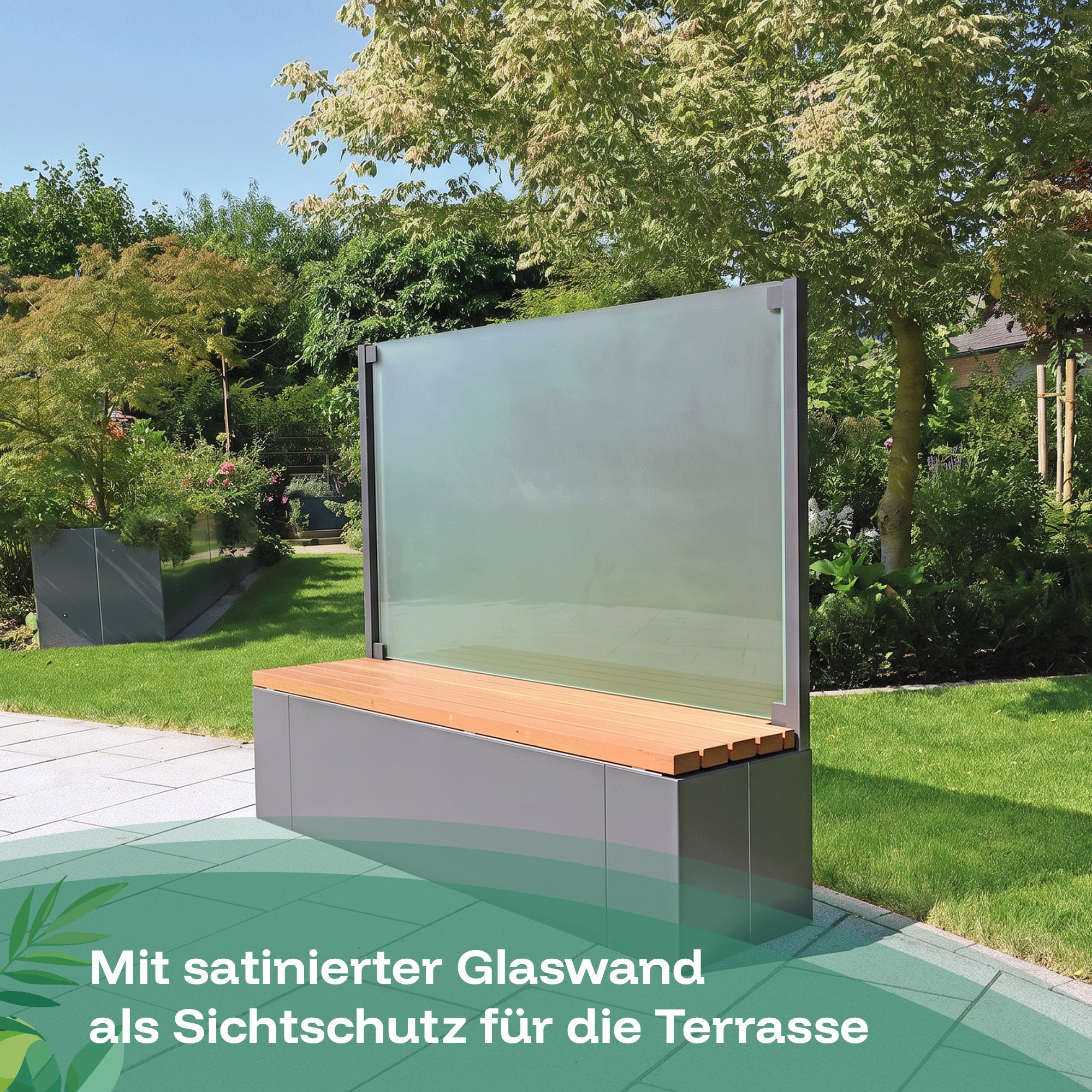 Sichtschutz-Sitzbank mit satinierter Glaswand als Sichtschutz für die Terrasse aus Aluminium