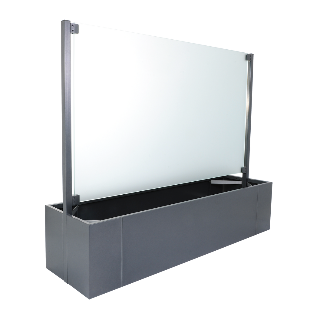 Pflanzkasten Ventus aus Aluminium grau lackiert mit mittiger Glasscheibe als Sichtschutz zum bepflanzen von vorne und hinten