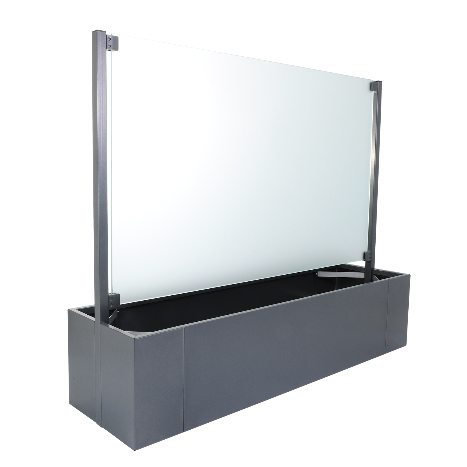 Pflanzkasten Ventus aus Aluminium grau lackiert mit mittiger Glasscheibe als Sichtschutz zum bepflanzen von vorne und hinten