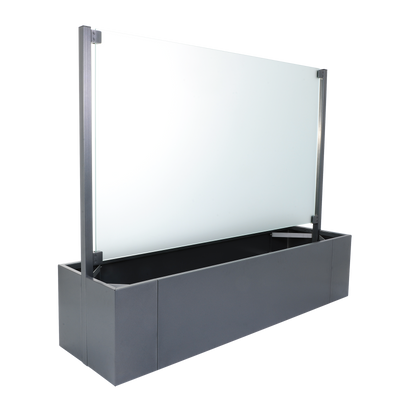 Pflanzkasten Ventus aus Aluminium grau lackiert mit mittiger Glasscheibe als Sichtschutz zum bepflanzen von vorne und hinten