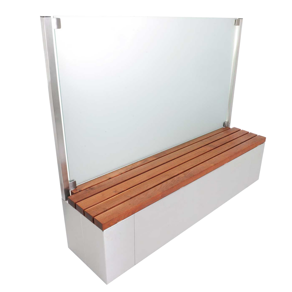 Sichtschutz aus Edelstahl mit Glastrennwand und Sitzbank
