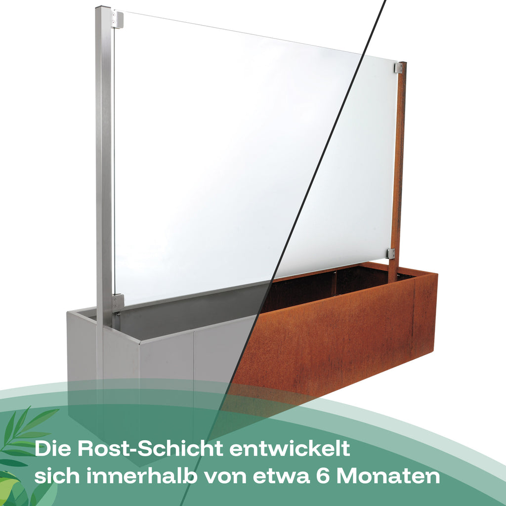 Das Cortenstahl entwickelt in etwa von 6 Monaten bei dem Sichtschutz-Pflanzmetall die Rostschicht.