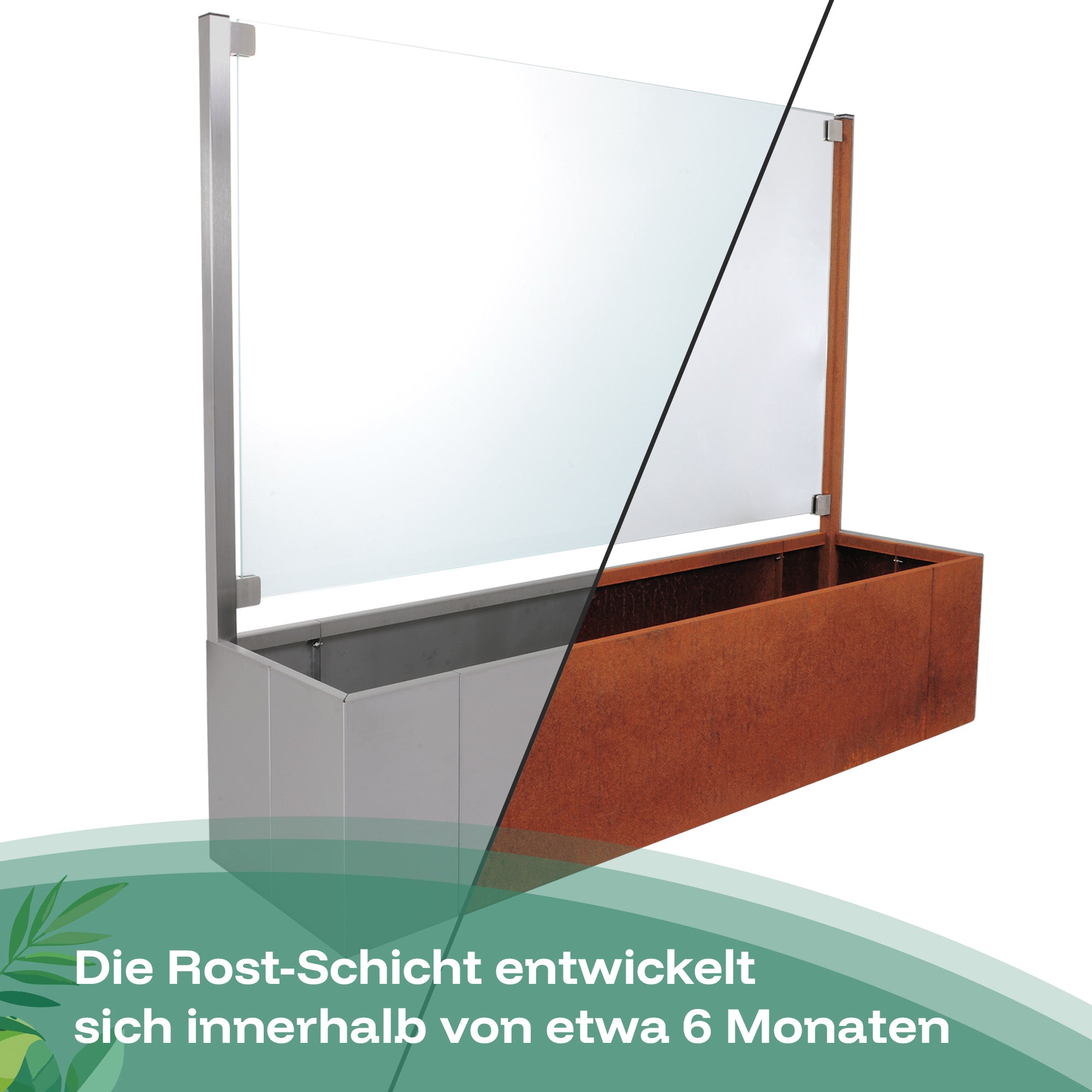 Der Sichtschutz-Pflanzkasten aus Cortenstahl entwickelt in etwa von sechs Monaten die Rostschicht.