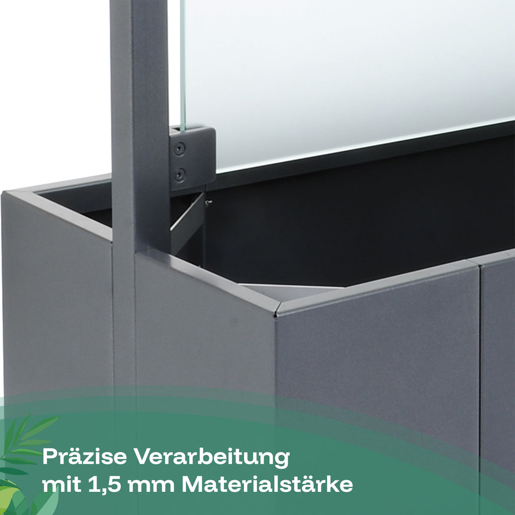 Präzise Verarbeitung mit 1,5 mm Aluminium des Sichtschutz-Pflanzkastens mit mittiger Glaswand