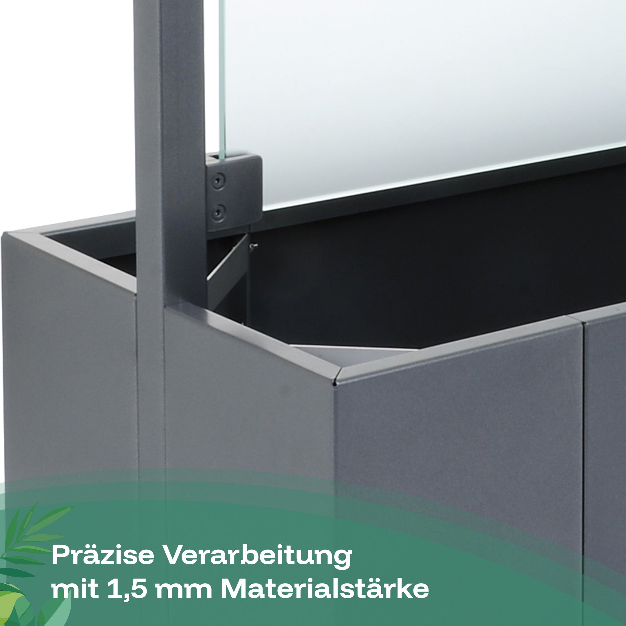 Präzise Verarbeitung mit 1,5 mm Aluminium des Sichtschutz-Pflanzkastens mit mittiger Glaswand