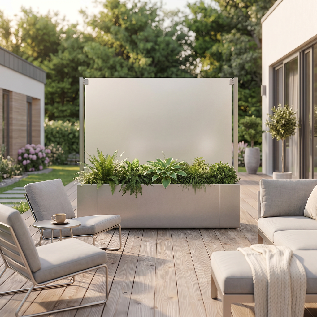 Gemütliche Abgrenzung für die moderne Terrasse mit einem Sichtschutz-Element aus Edelstahl mit satinierter Glaswand und Pflanzkasten