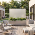 Gemütliche Abgrenzung für die moderne Terrasse mit einem Sichtschutz-Element aus Edelstahl mit satinierter Glaswand und Pflanzkasten